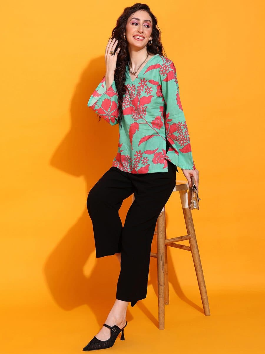Pop Bagh Sky Blue Bell Sleeve Top