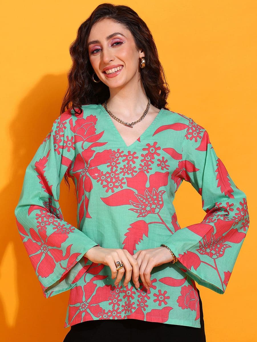 Pop Bagh Sky Blue Bell Sleeve Top thumbnail 3