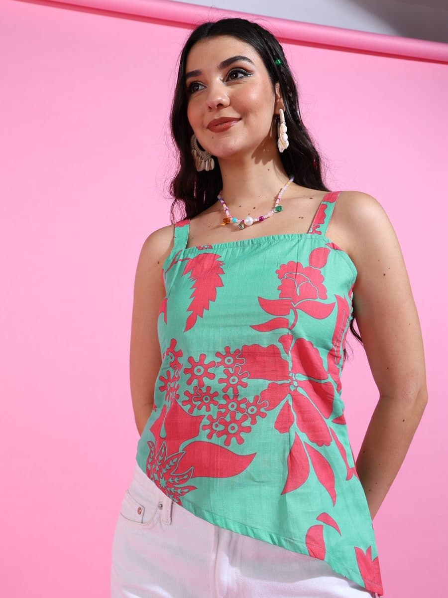 Pop Bagh Sky Blue Strappy Asymmetric Top