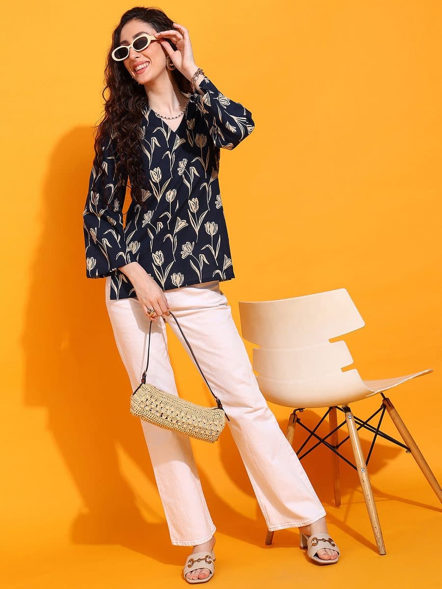 Tulip Bagh Blue Bell Sleeve Top