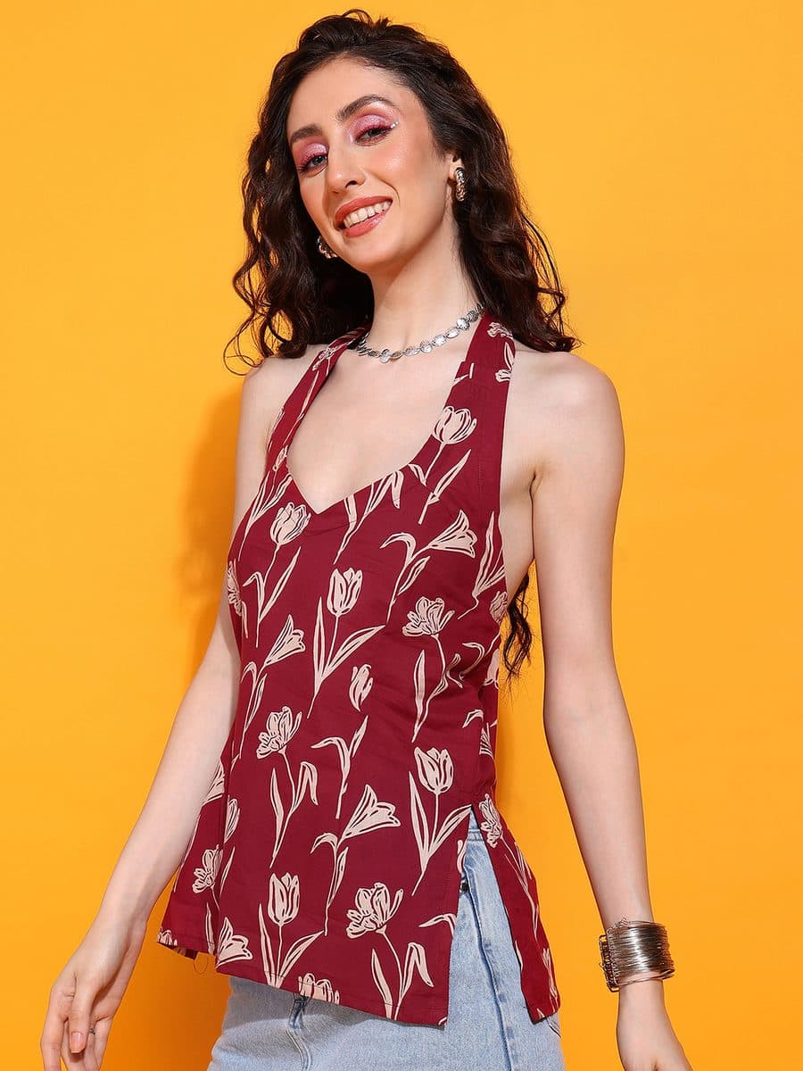 Tulip Bagh Red Halter Neck Top