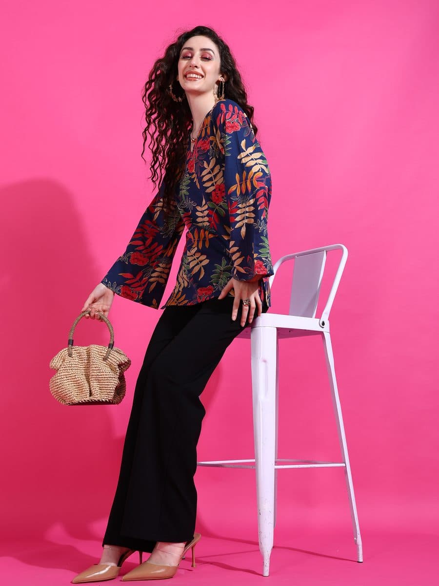 Vanmohini Blue Bell Sleeve Top